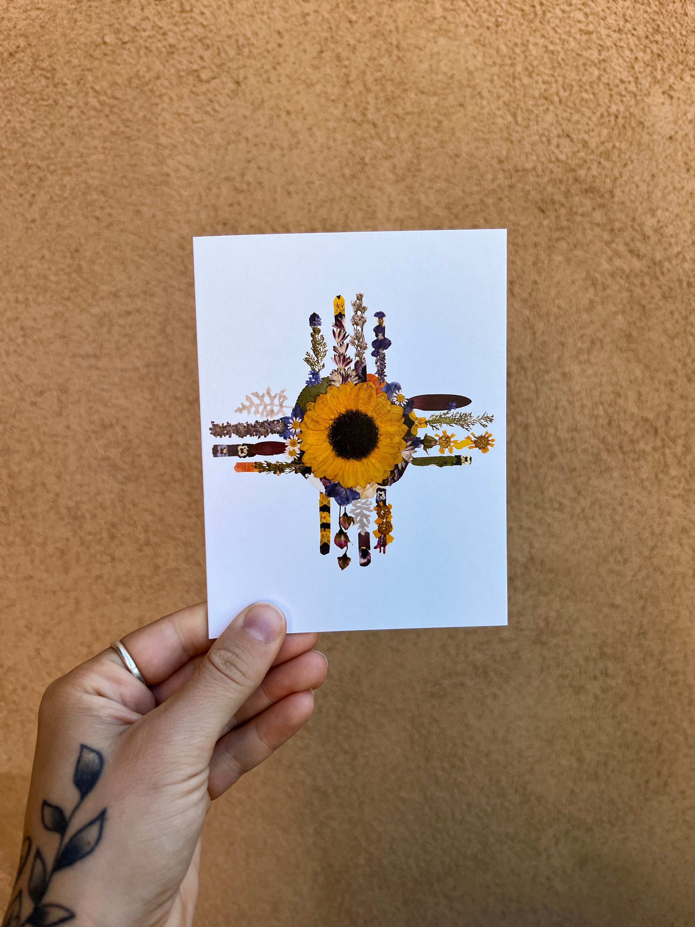 Zia Symbol Pressed Flower Greeting Card